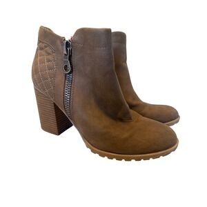 Womens Brown Ankle Boots Block Heel Quilted Zipper Booties‎ Shoes